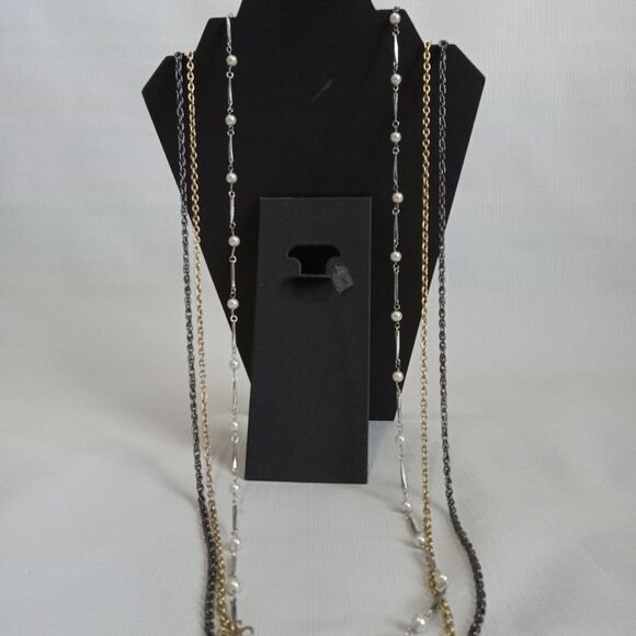 Triple Strand Long Length Gold & Silver Toned Layered Chain Statement Necklace - Picture 2 of 9